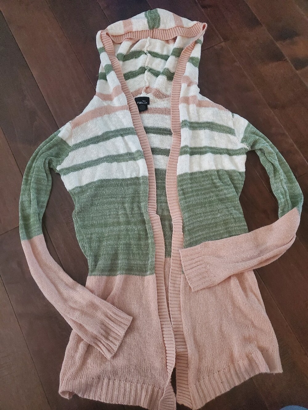 Rue21 Hooded Open-Front Striped Cardigan in Green, White & Pink Size Small